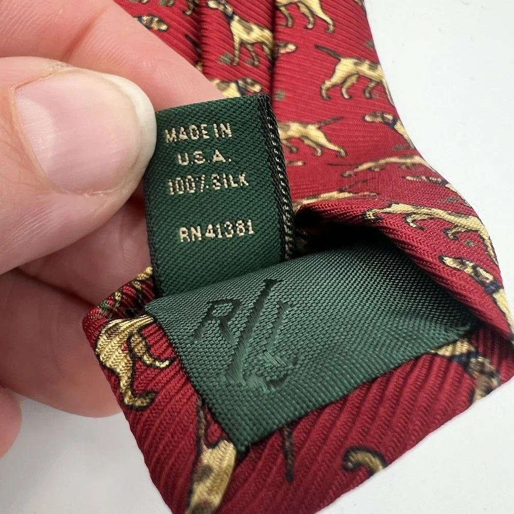 Vintage Lauren Ralph Lauren Red Silk Tie Pheasant Hunting Dog Handmade USA